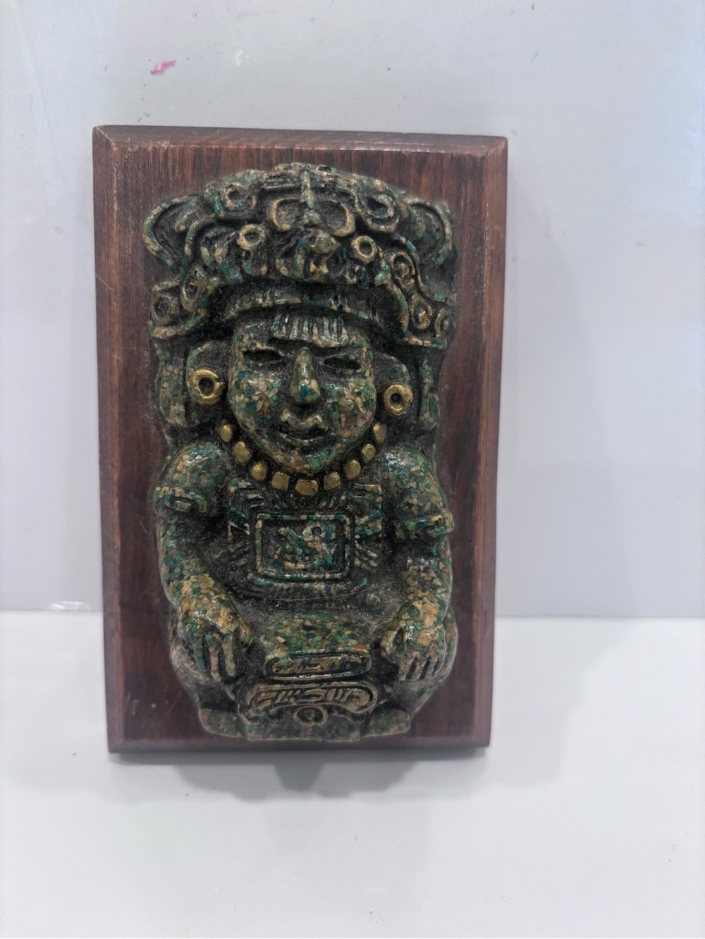 Vintage Mayan Aztec Wall Plaque Relief Mounted on Wood Mexican Folk Art Decor 6”